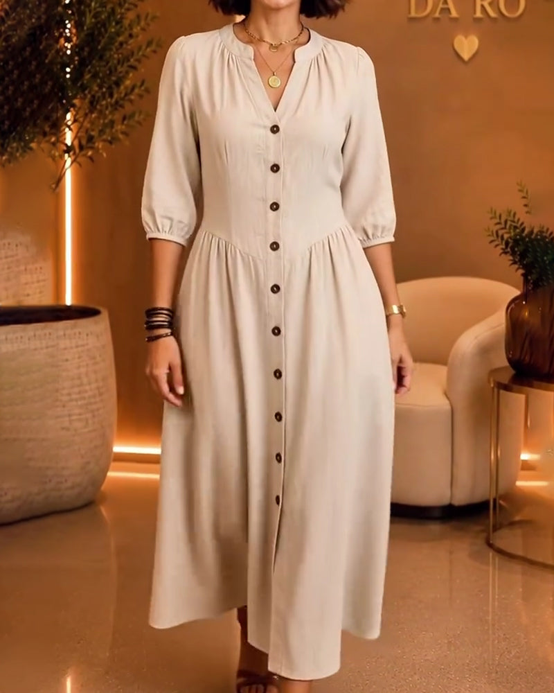 V-Neck Button Ruched Elbow-Length Sleeve Dress