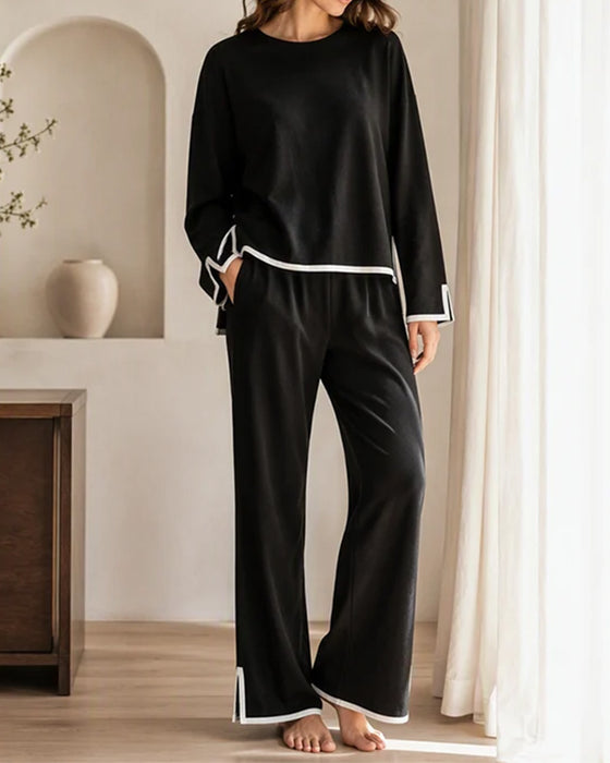 Contrast Color Round Neck Long Sleeve Set