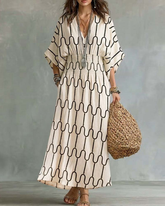 V-Neck Geometric Pattern A-Line Dress