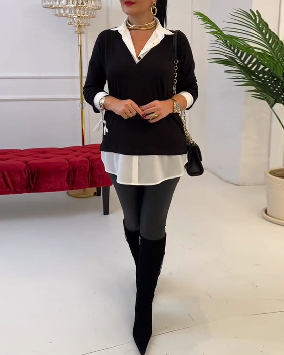 Lapel Black And White Patchwork Top