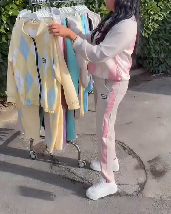 Plaid Zip-Up Top And Trousers Two-Piece Set