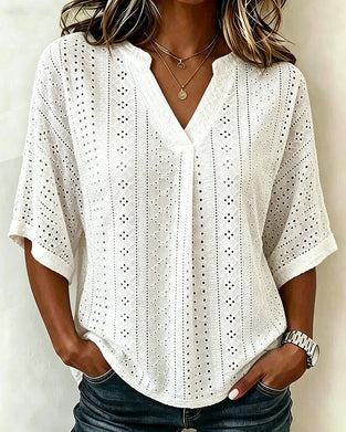 Solid V-Neck Cutout Mid-Sleeve Blouse