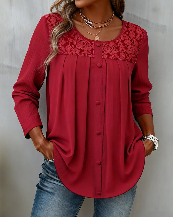 Long-Sleeved Loose-Fitting Pleated Top