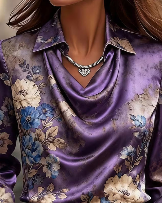 Lapel Draped Long-Sleeve Blouse