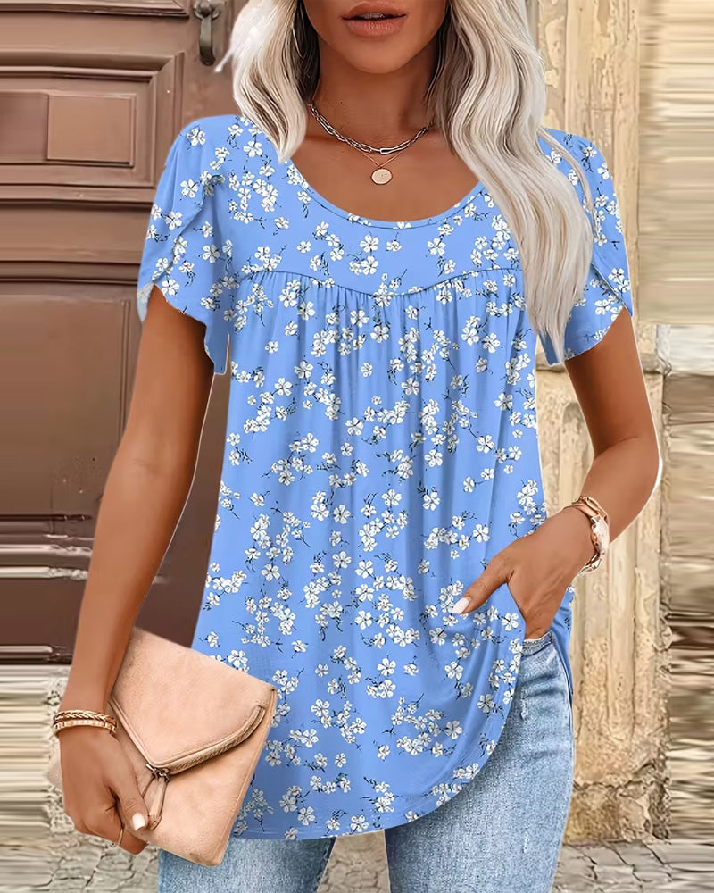 Small Floral Print Crew Neck Short-Sleeved Blouse
