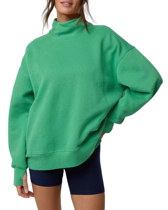 High Neck Dropped Shoulder Solid Color Sweatshirt