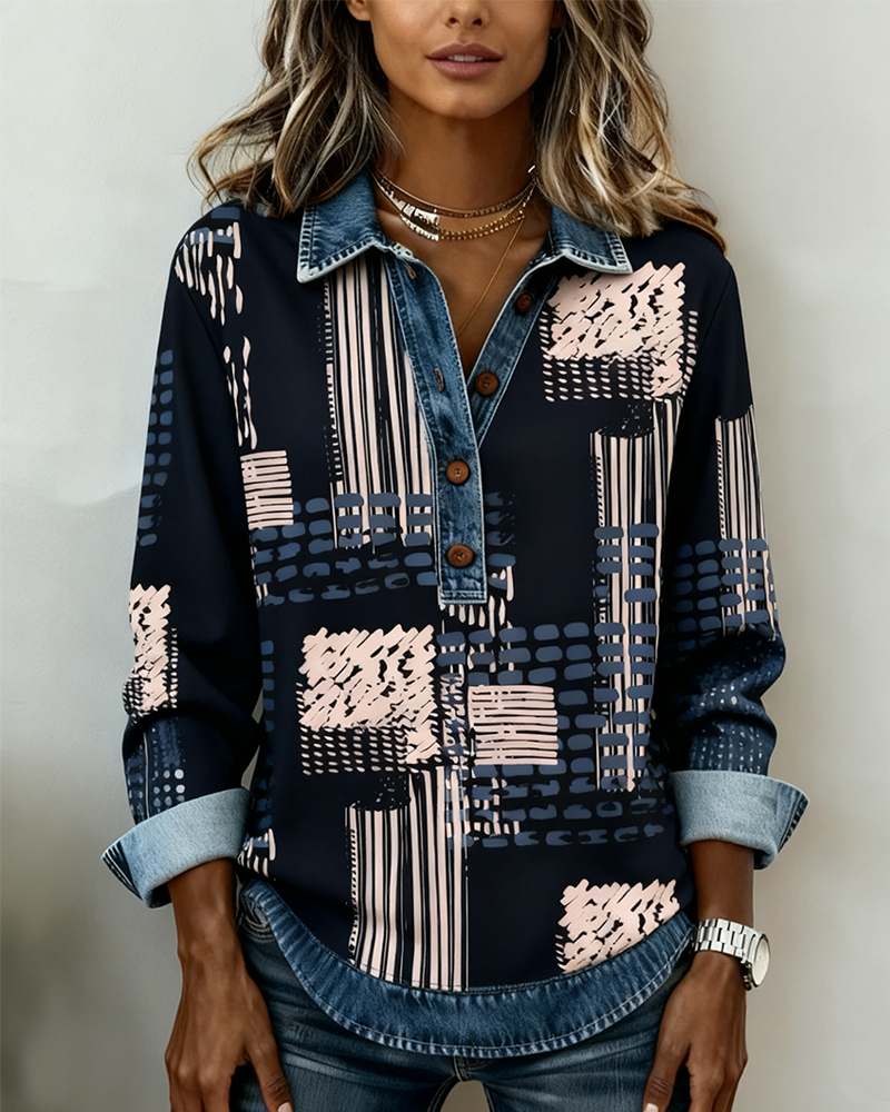 Button-Down Collar Printed Patchwork Sweatshirt