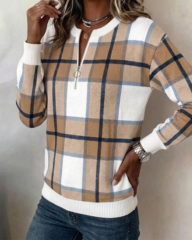 Plaid Half-Zip Crewneck Pullover Sweatshirt