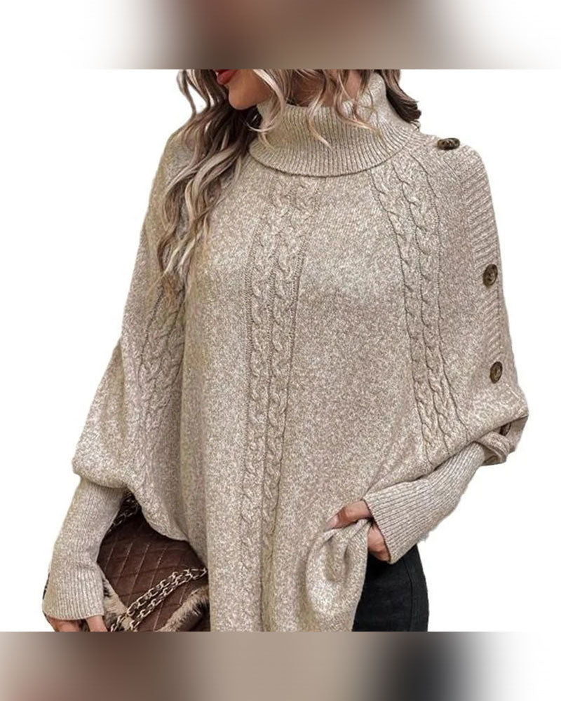 Turtleneck Irregular Cable Button Pullover