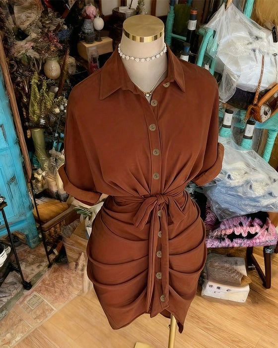 Tie Button Pleated Shirt Collar Dress