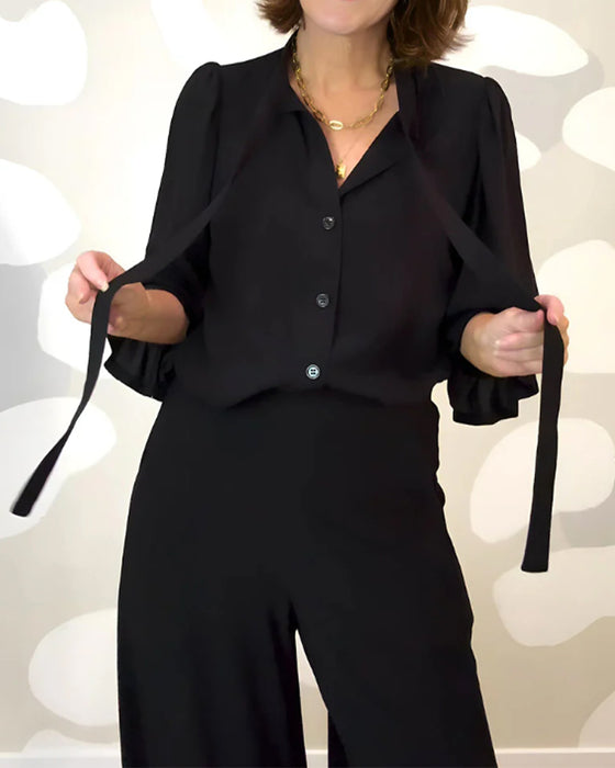 V-Neck Ruffle Tie Flared Sleeve Blouse