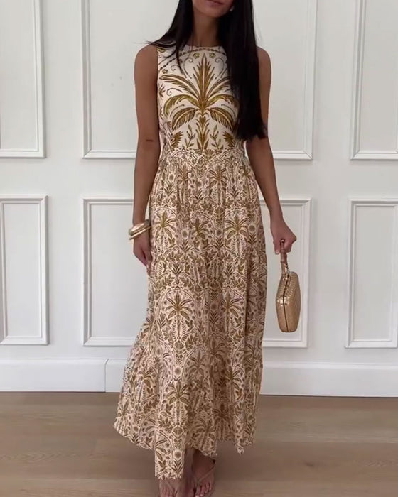 Retro Printed Sleeveless Long Dress