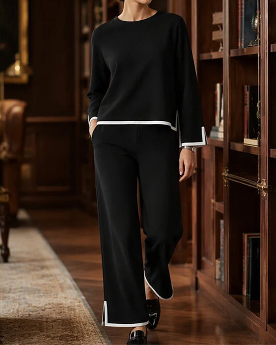 Contrast Color Round Neck Long Sleeve Set