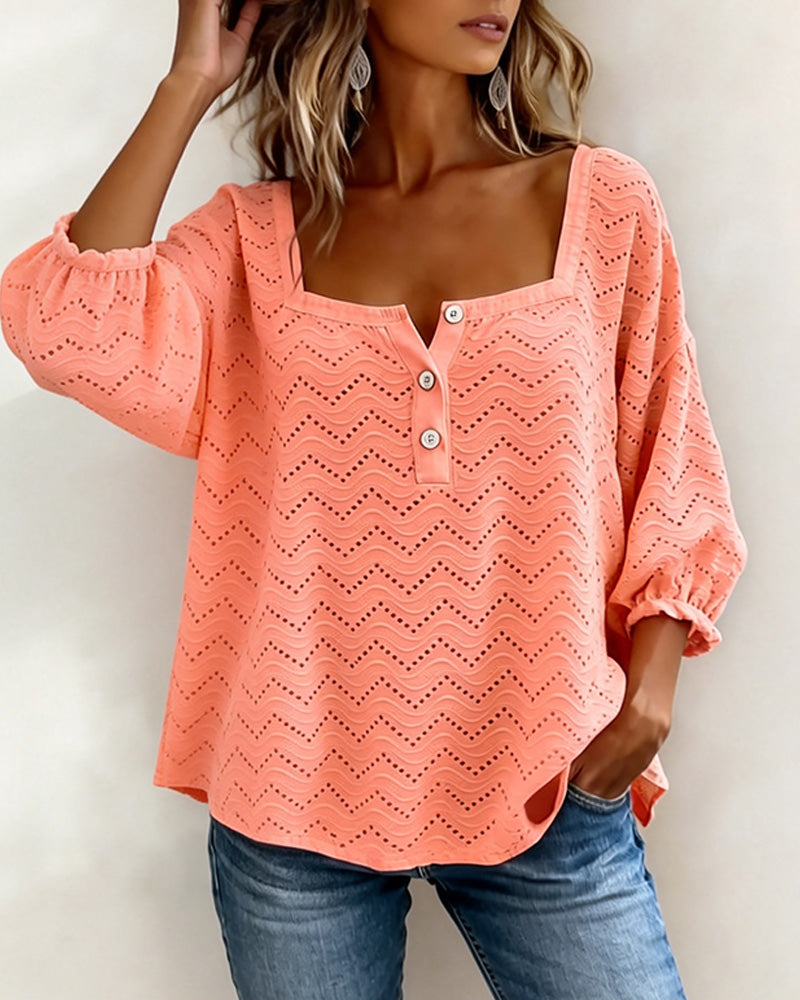 Square Neck Hollow Out Lantern Sleeve Blouse
