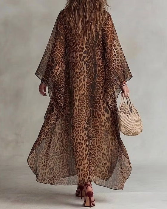 V-Neck Leopard Full-Skirt Dress