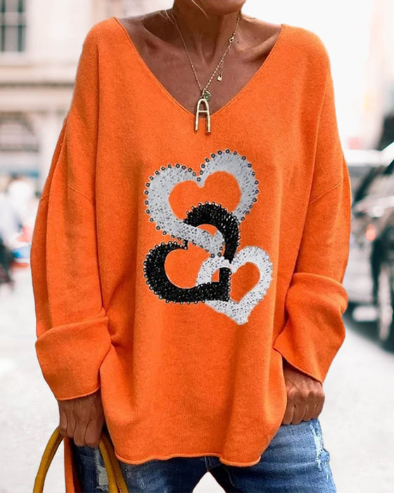 V Neck Heart Printed Top