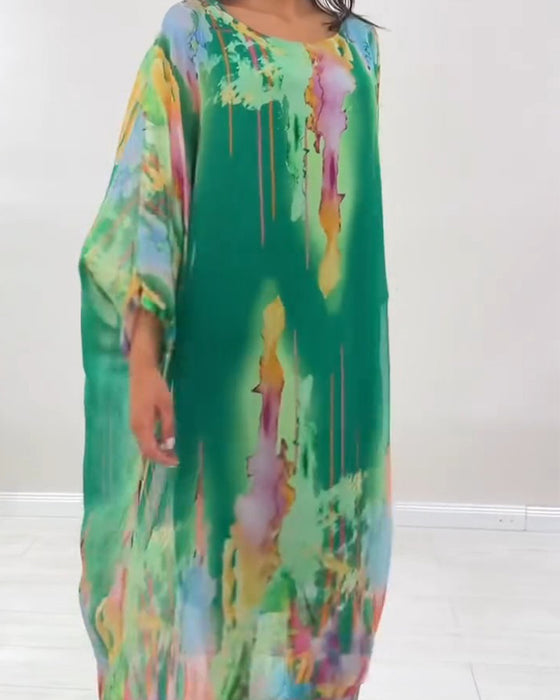 Round Neck Bat Sleeve Smudged Dress