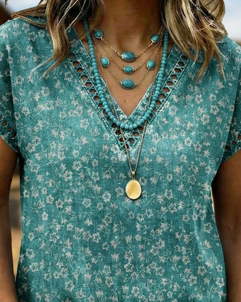 Hollow Out Patchwork V-Neck Floral T-Shirt