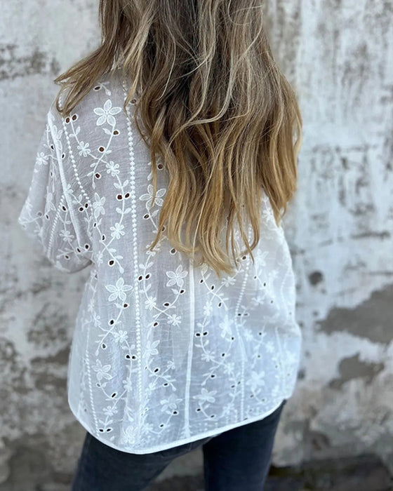 Floral Hollow Out Long-Sleeve Blouse
