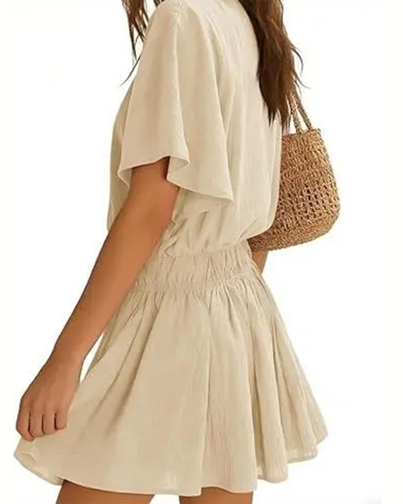 Slant Collar Ruffle Sleeve Pleated Set
