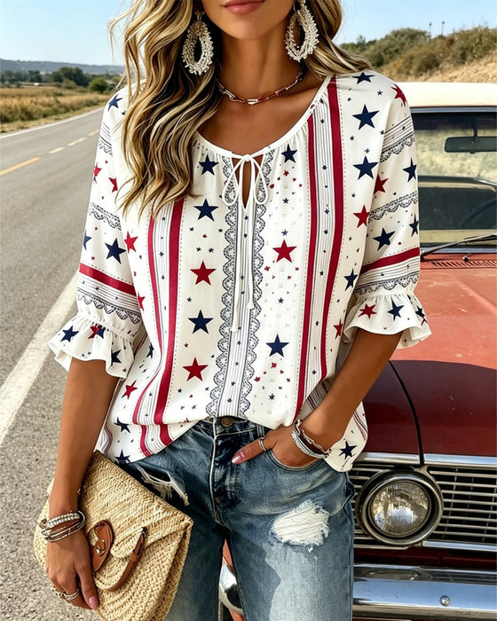 Printed Lace-Up Ruffle Sleeve Blouse