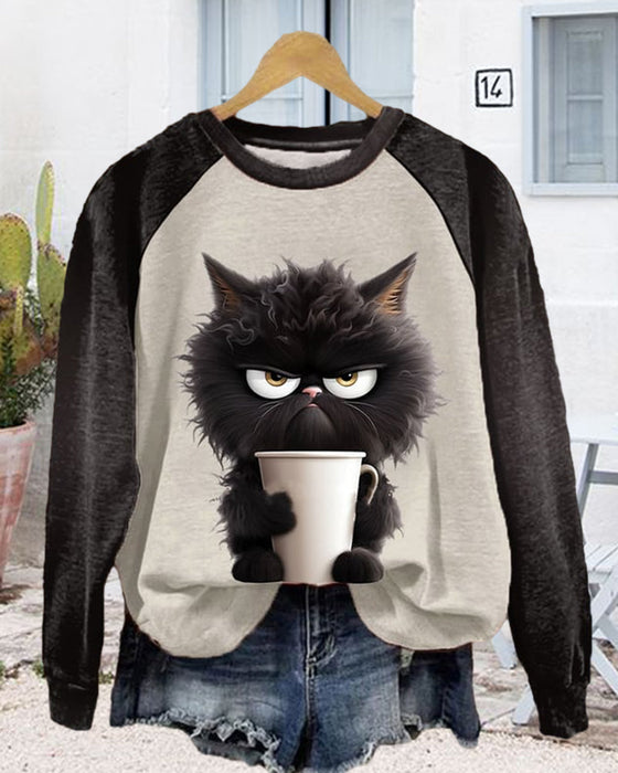 Cat Loose Sweatshirt with Color Block