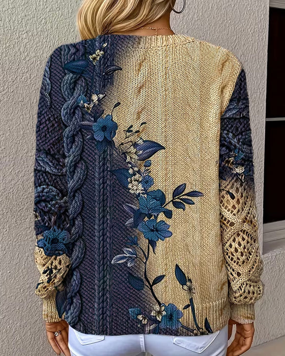 Gradient Color Block Floral V-Neck Hollow Out Pullover