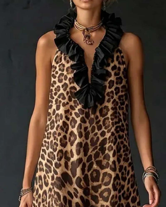 Sleeveless Ruffled Leopard Print Dress
