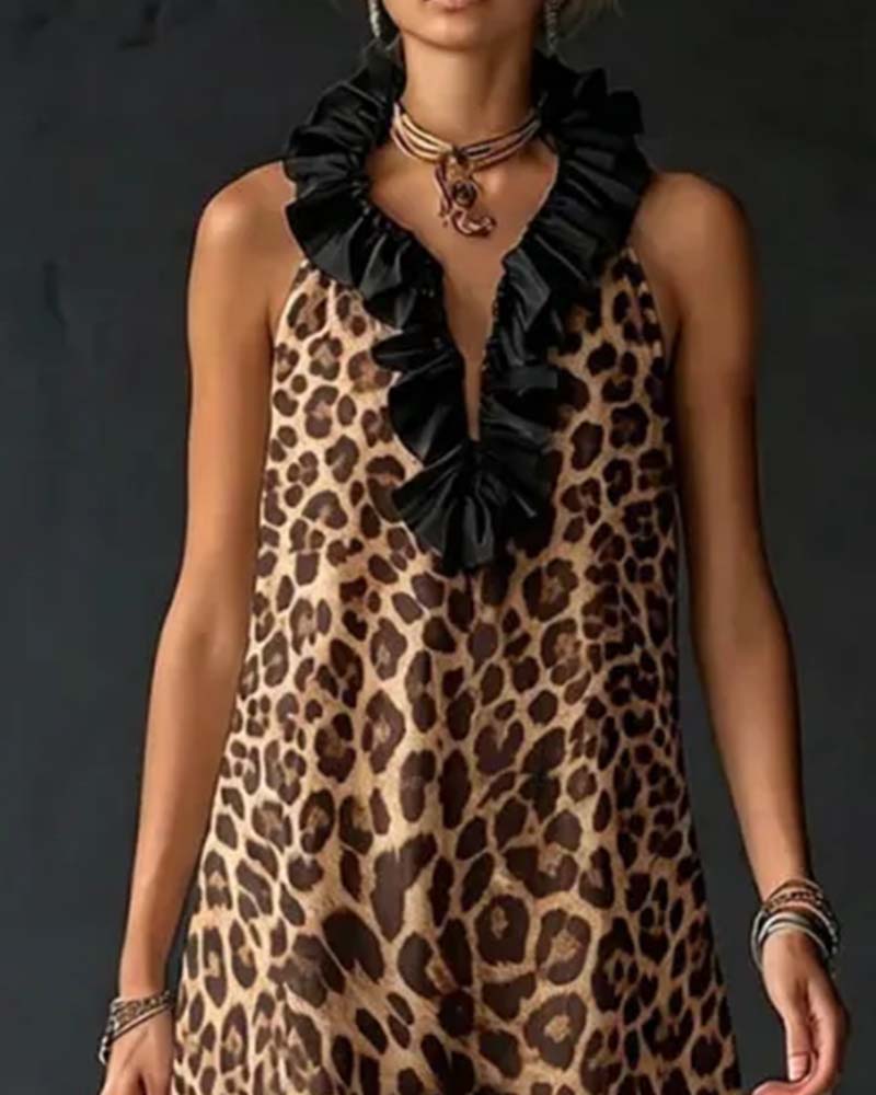 Sleeveless Ruffled Leopard Print Dress