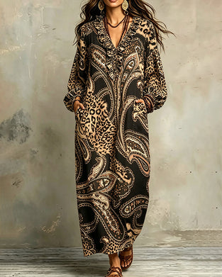 V-Neck Ruffled Puff Sleeve Pocket Dress