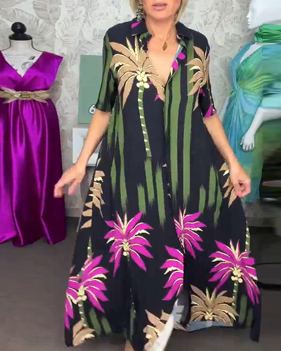 Casual leaf print slit short sleeve loose dress