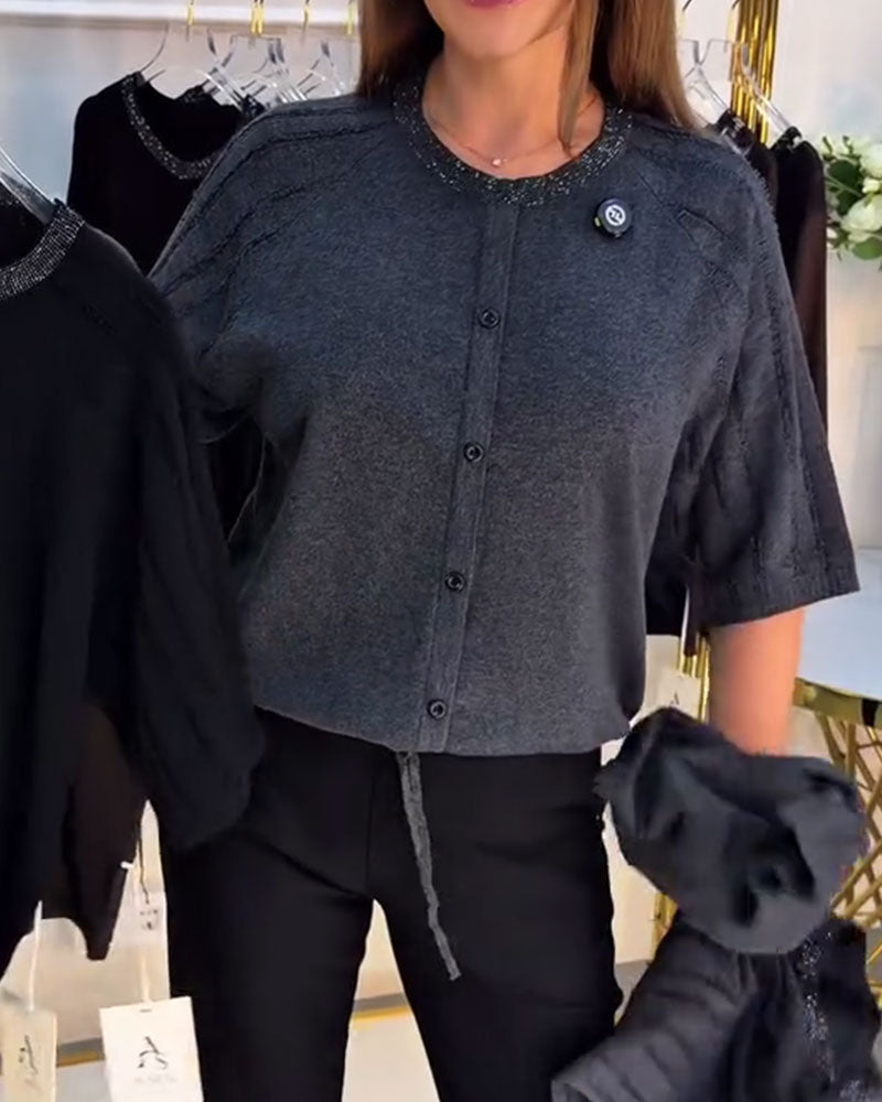 Crew Neck Short Sleeve Single-Breasted Pullover
