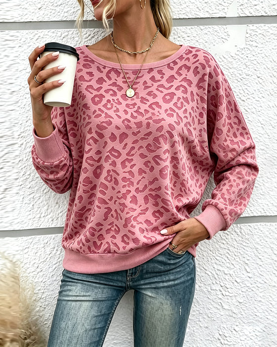 Leopard Crewneck Drop Shoulder Pullover Sweatshirt
