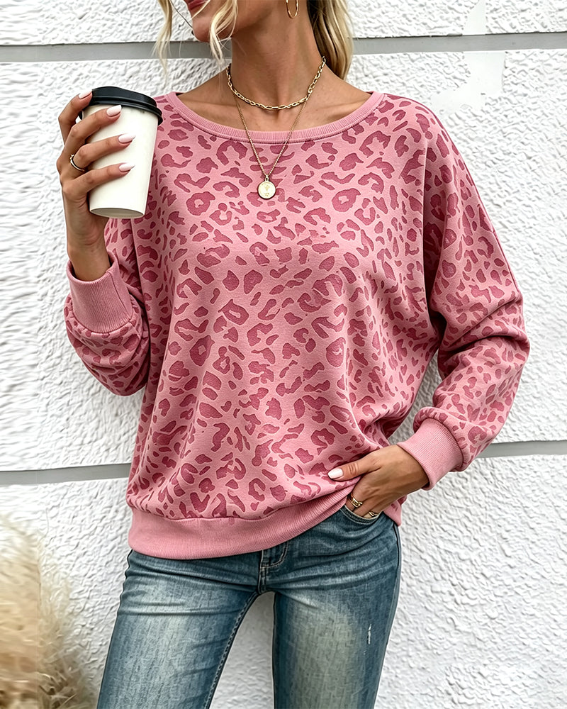 Leopard Crewneck Drop Shoulder Pullover Sweatshirt