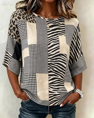 Crewneck Patchwork Plaid Leopard Blouse