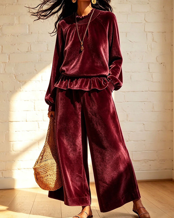 Solid Color Ruffled Top Wide-Leg Pants Set