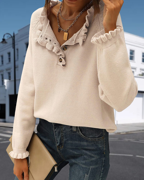 Casual solid color lapel button ruffle pullover