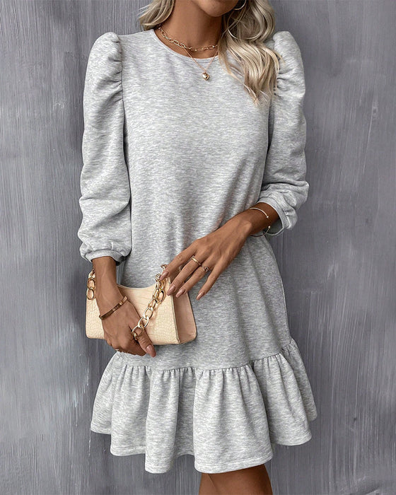 Solid Color Puff Sleeve Dress