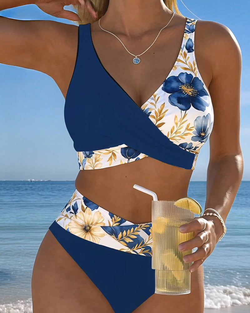 Floral Color Block Patchwork Bikini