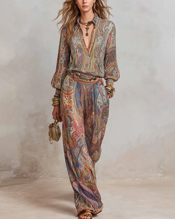 V-Neck Print Draped Casual Set