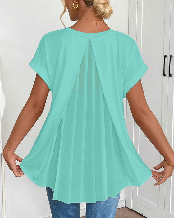 Short-Sleeved Solid Color Patchwork T-Shirt