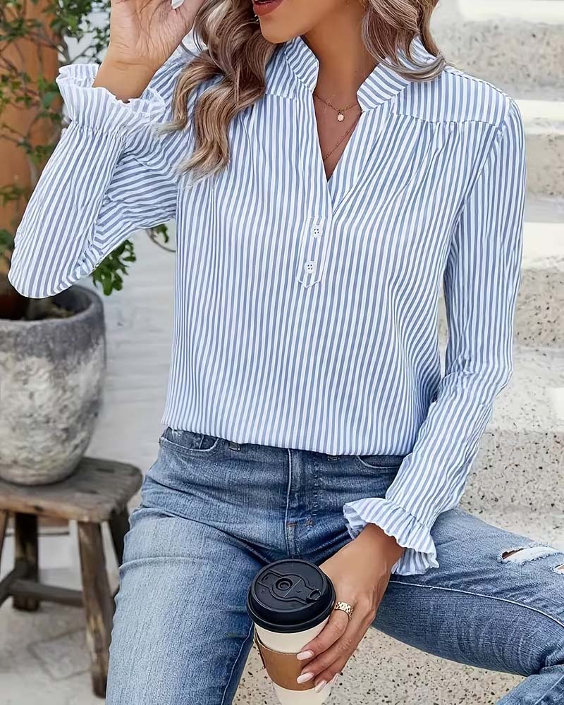 Button-Down V-Neck Striped Blouse