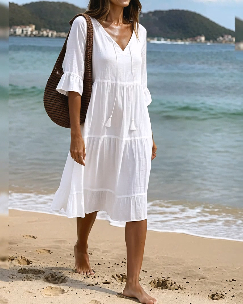 Flared Half Sleeve Tie Waist Dress