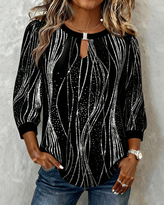 Fashionable Line Print Hollow Neck Top