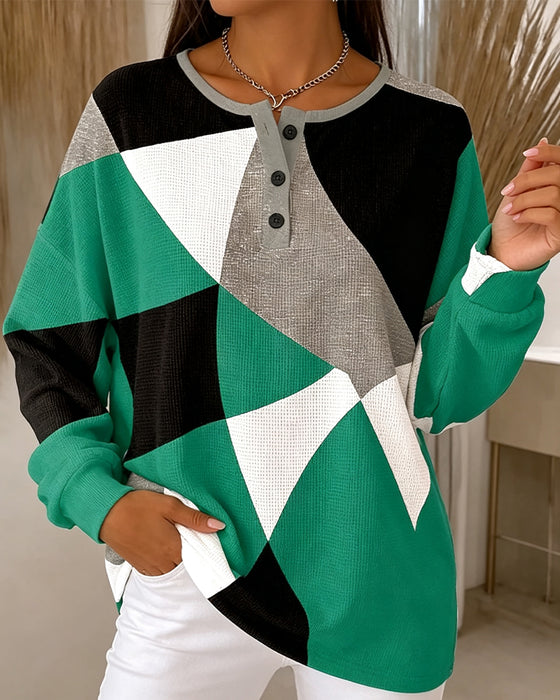 Crew Neck Button Color Block Casual Top