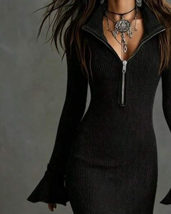 Zip Flare Sleeve Fitted Ruffle Dress