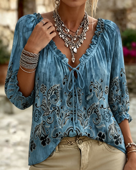Bubble Three-Quarter Sleeve Tie Blouse