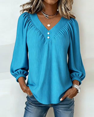 V-Neck Button-Down Ruffled Lantern Sleeve Top