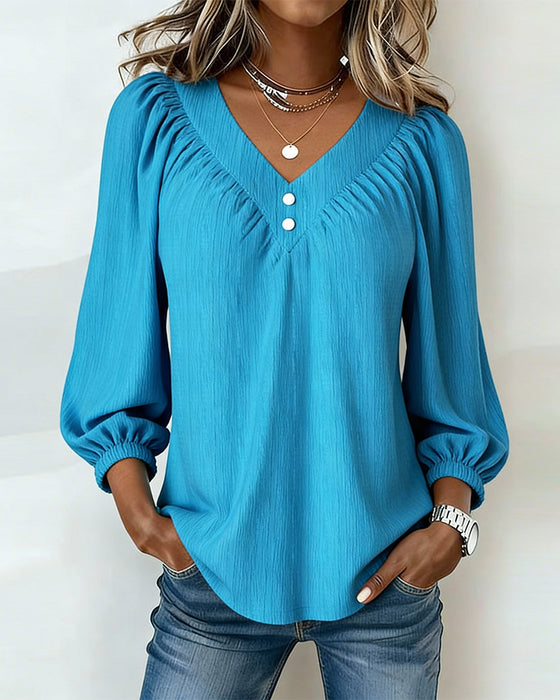 V-Neck Button-Down Ruffled Lantern Sleeve Top