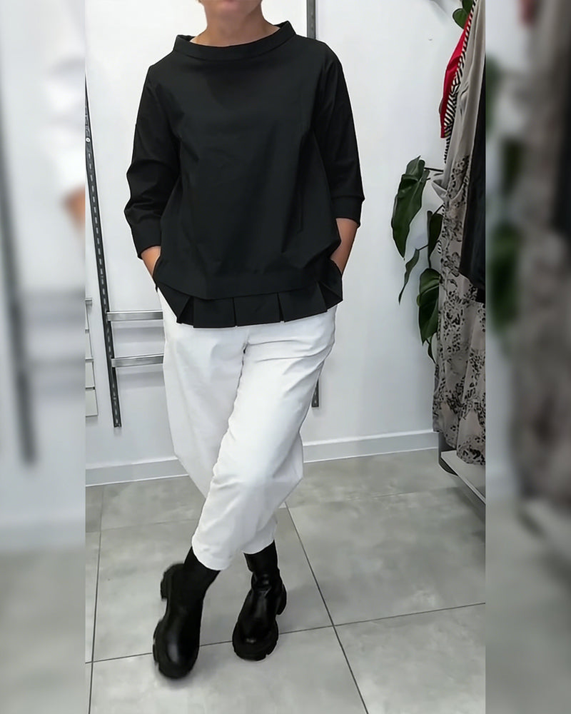 100% Cotton Wide-Collar Solid Color Casual Blouse